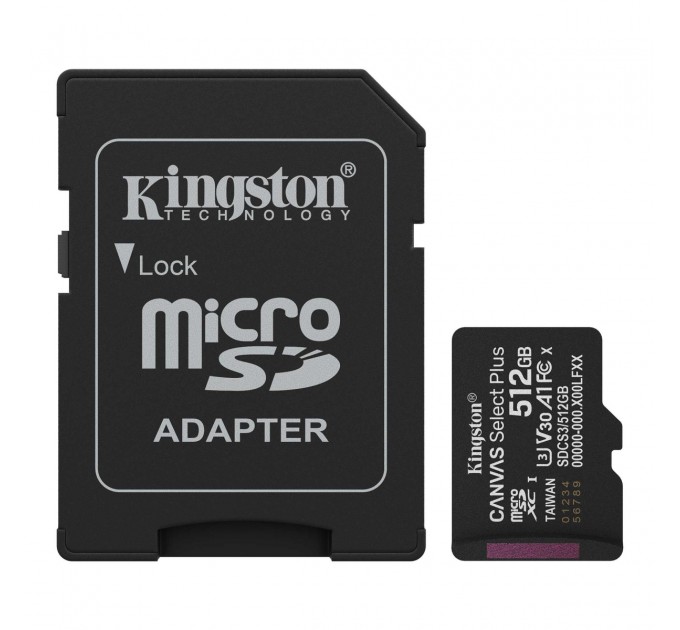 Kingston Карта пам`яті MicroSDXC 512GB UHS-I Class 10 Kingston Canvas Select Plus R150MB/s + SD-адаптер (SDCS3/512GB)