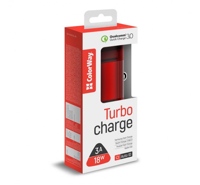 ColorWay Автомобільний зарядний пристрій ColorWay (1USBх3А) QC3.0 Red (CW-CHA012Q-RD)