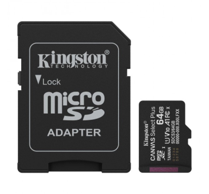 Карта пам'яті Kingston 64GB microSDXC class 10 UHS-I V10 A1 Canvas Select Plus (SDCS3/64GB)