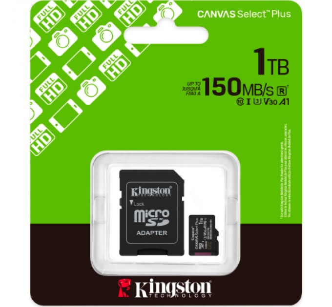 Карта пам'яті Kingston 1TB microSDXC class 10 UHS-I U3 V30 A1 Canvas Select Plus (SDCS3/1TB)