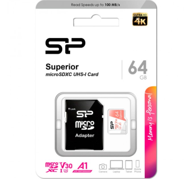 Silicon Power Карта пам'яті Silicon Power 64GB microSDXC class 10 UHS-I U3 V30 A1 Superior (SP064GBSTXDV3V20SP)