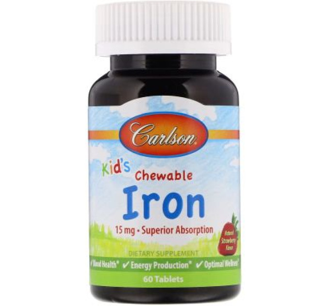 Carlson Мінерали Carlson Залізо Дитяче, 15 мг, смак полуниці, Kid's Chewable Iron, 60 жуватий (CAR-55940)