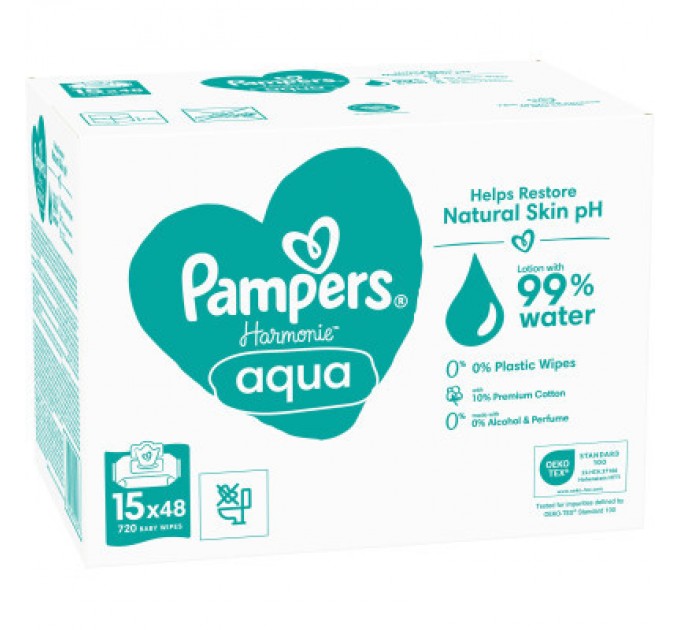 Pampers Дитячі вологі серветки Pampers Harmonie Aqua 15 пачок x 48 шт (8006540510247)