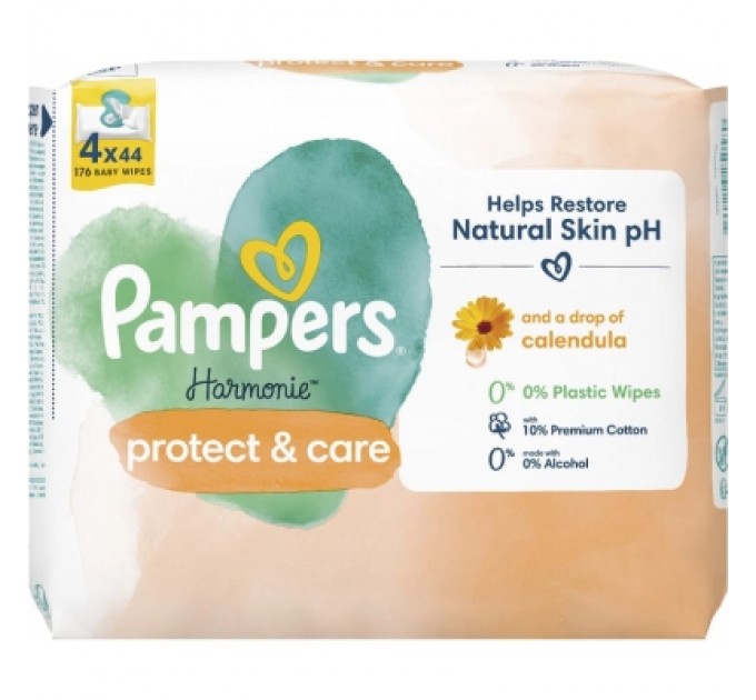 Дитячі вологі серветки Pampers Harmonie Protect&Care з календулою 4 пачки х 44 шт (8700216250580)