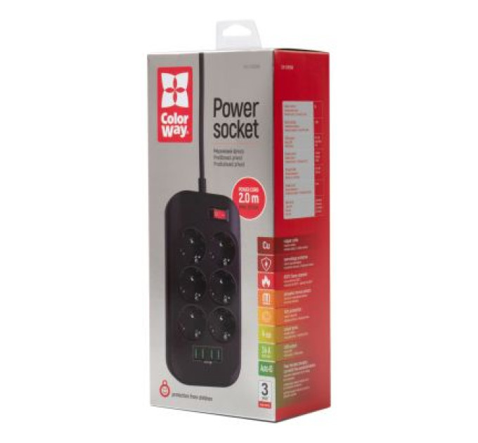 ColorWay Мережевий фільтр живлення ColorWay CW-CHE64B, 6 розеток/4USB Black (CW-CHE64B)