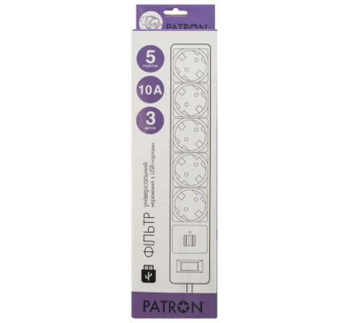 Patron Мережевий фільтр живлення Patron 3m + 2 USB 2.0, 2.1A, 5 роз. White (EXT-PN-SP-53-USB-W)