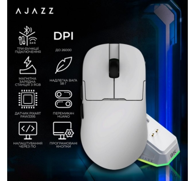 Ajazz Мишка Ajazz AJ159PRO Wireless/Bluetooth/USB Charging Dock White (AJ159-PRO-W)