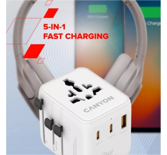 Canyon Зарядний пристрій Canyon OnTour 20 2xUCB-C + USB-A EU/UK/US/AUS 20W White (CNS-TA20W1005W)