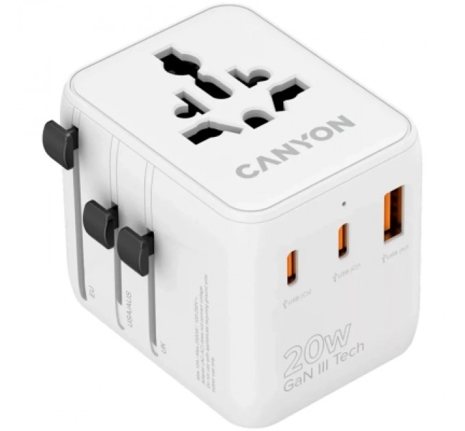 Canyon Зарядний пристрій Canyon OnTour 20 2xUCB-C + USB-A EU/UK/US/AUS 20W White (CNS-TA20W1005W)