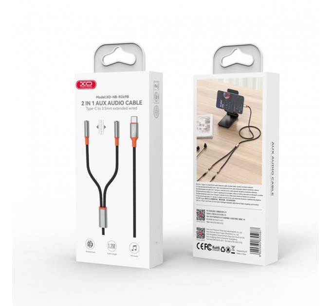 XO Кабель XO AUX 2х3.5 мм - USB Type-C (F/M), 1 м, Black (NB-R269B.black)