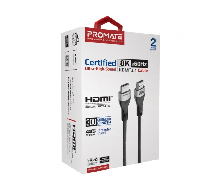 Promate Кабель Promate PrimeLink HDMI - HDMI v.2.1, (M/M), 3 м, Grey (primelink8k-300.grey)
