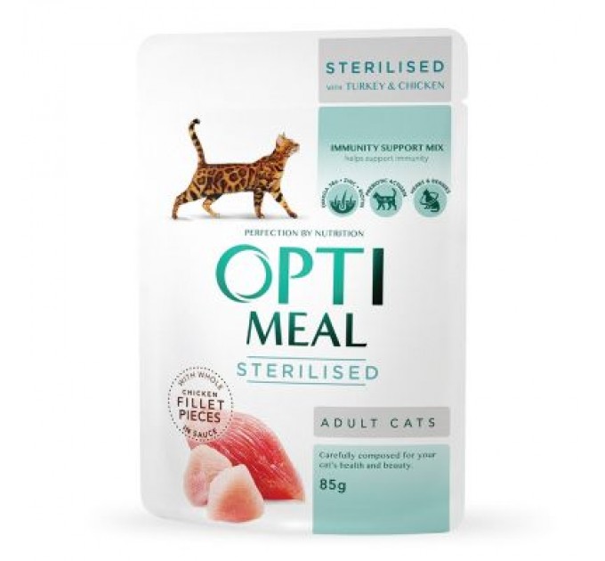 Optimeal Вологий корм для кішок Optimeal для стерилізованих з індичкою і курячим філе в соусі 85 г (4820083906015)
