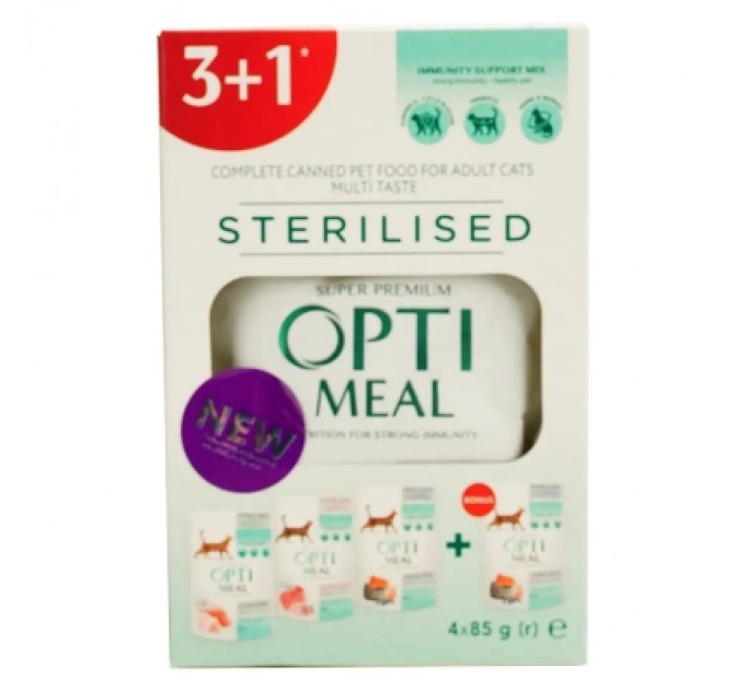 Optimeal Вологий корм для кішок Optimeal для стерилізованих та кастрованих котів №6 3+1 340 г (4820269140820)