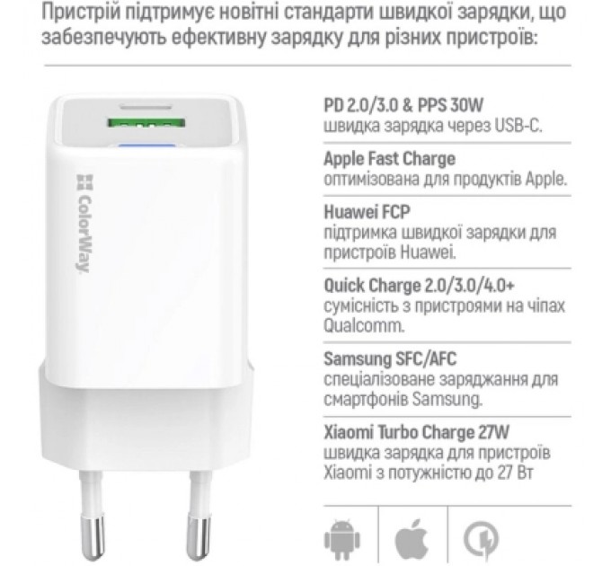 ColorWay Зарядний пристрій ColorWay GaN Mini 30W PD Port PPS USB (Type-C PD + USB QC4.0) white (CW-CHS053PD-WT)