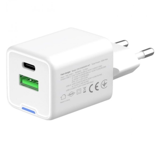 ColorWay Зарядний пристрій ColorWay GaN Mini 30W PD Port PPS USB (Type-C PD + USB QC4.0) white (CW-CHS053PD-WT)