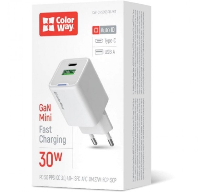 ColorWay Зарядний пристрій ColorWay GaN Mini 30W PD Port PPS USB (Type-C PD + USB QC4.0) white (CW-CHS053PD-WT)