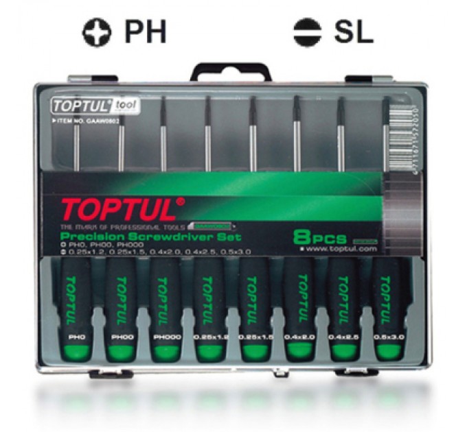 Toptul Набір викруток Toptul прецизійних 8шт. PH000-PH0, SL1.2-SL3 (GAAW0802)
