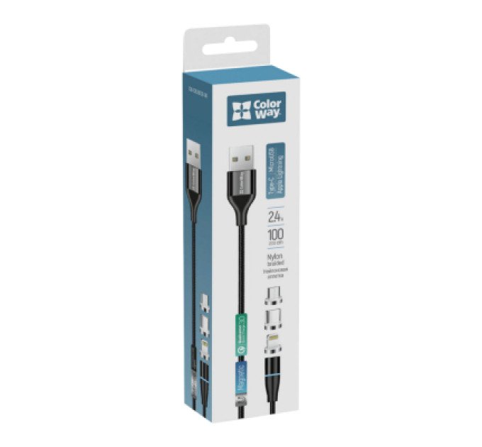 ColorWay Дата кабель USB 2.0 AM to Lightning + Micro 5P + Type-C 1.0m Magnetic ColorWay (CW-CBUU038-BK)
