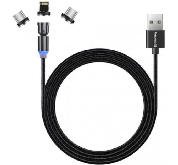 ColorWay Дата кабель USB 2.0 AM to Lightning + Micro 5P + Type-C 1.0m Magnetic Ro ColorWay (CW-CBUU037-BK)