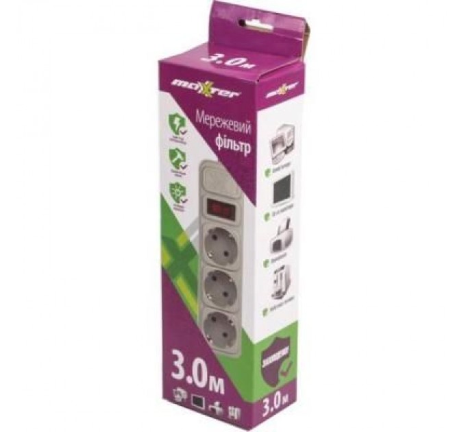 Maxxter Мережевий фільтр живлення Maxxter SPM3-G-10G серый 3 м кабель, 3 розетки (SPM3-G-10G)