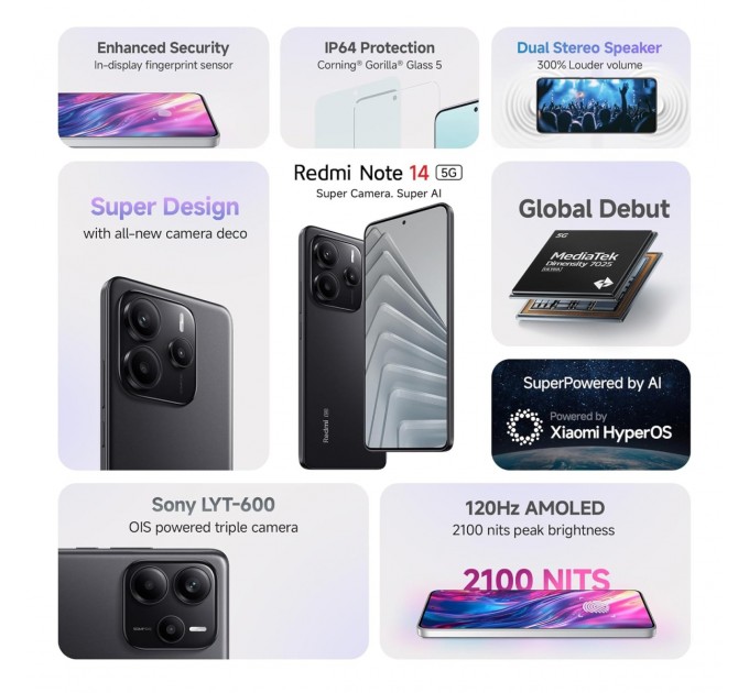 Xiaomi Смартфон Xiaomi Redmi Note 14 5G 8/256GB Midnight Black; 6.67" (2400х1080) AMOLED / MediaTek Dimensity 7025 Ultra / ОЗУ 8 ГБ / 256 ГБ встроенной + microSD до 1 ТБ / камера 108+8+2 Мп + 20 Мп / 5G / Bluetooth, Wi-Fi, NFC / GPS, Galileo, Glonass