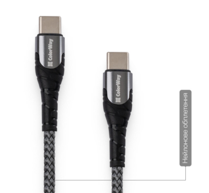 ColorWay Дата кабель USB-C to USB-C 1.0m PD Fast Charging 65W 3А grey ColorWay (CW-CBPDCC040-GR)