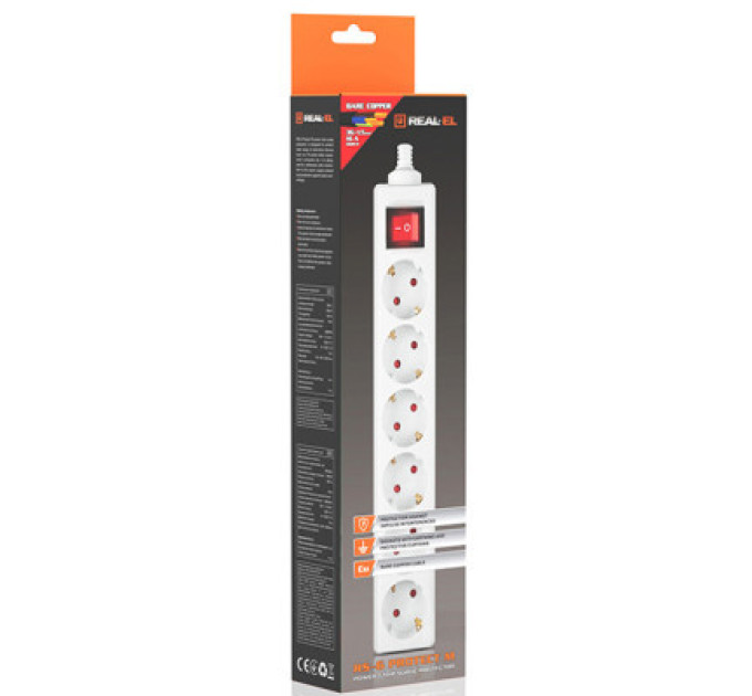 REAL-EL Мережевий фільтр живлення REAL-EL RS-6 Protect M 5m, white (EL122300035)