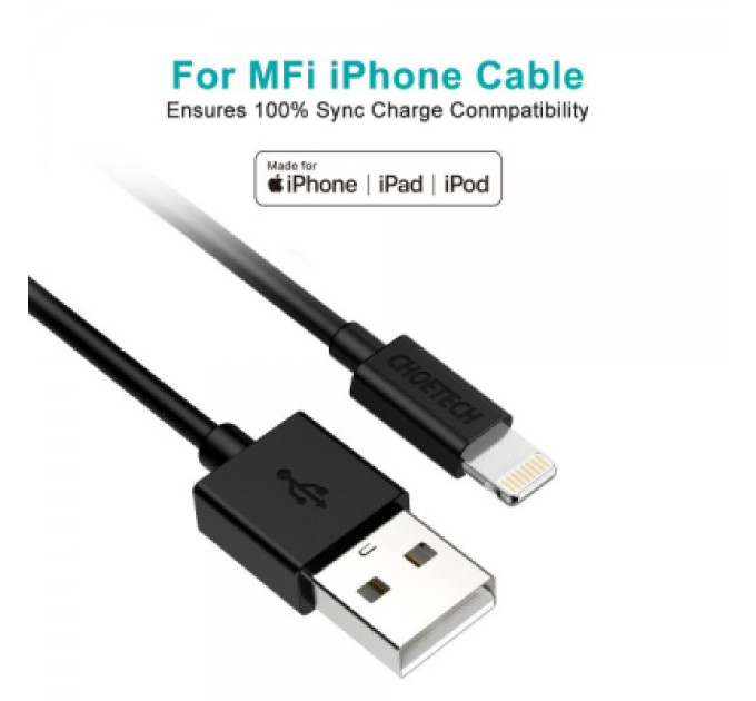 Choetech Дата кабель USB 2.0 AM to Lightning 1.8m 2.1A MFI Black Choetech (IP0027-BK)