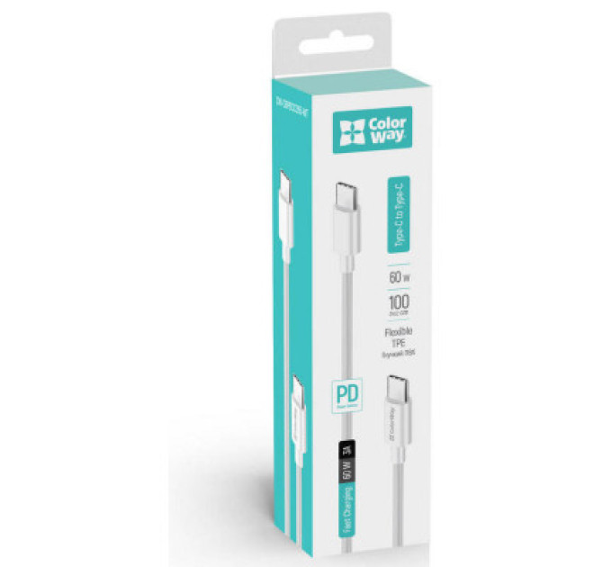 ColorWay Дата кабель USB-C to USB-C 1.0m 3A 60W white ColorWay (CW-CBPDCC055-WT)
