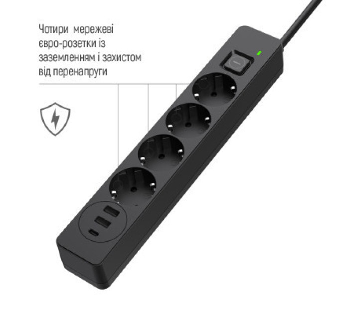 ColorWay Мережевий фільтр живлення ColorWay CW-CHE435PDB, 4 розетки/3USB 5M (CW-CHE435PDB)