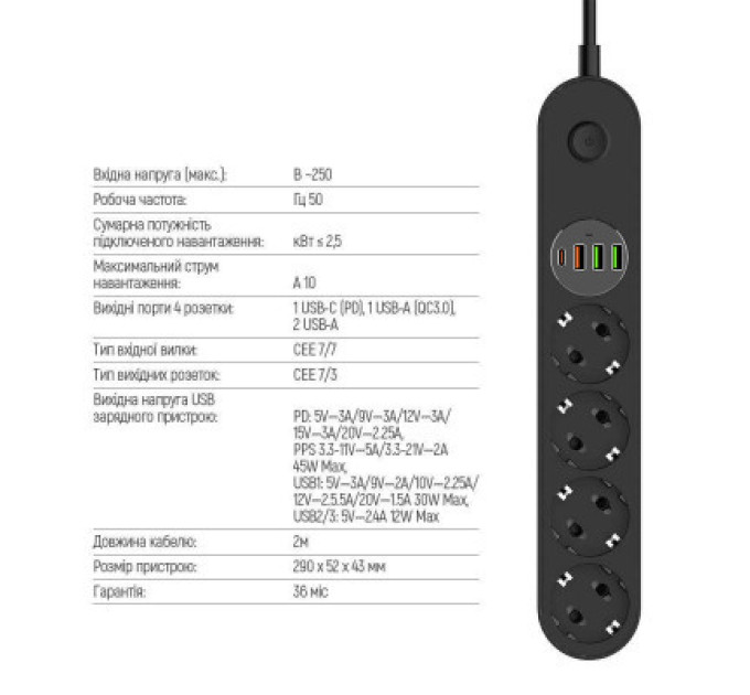 ColorWay Мережевий фільтр живлення ColorWay CW-CHE44PDB, 4 розетки/4USB 2M (CW-CHE44PDB)