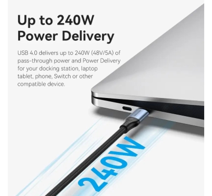Vention Дата кабель USB-C to USB-C 1.0m USB4.0 240W (50V/5A) 8K60Hz Thunderbolt 4 Gray Aluminum Alloy Vention (TAVHF)