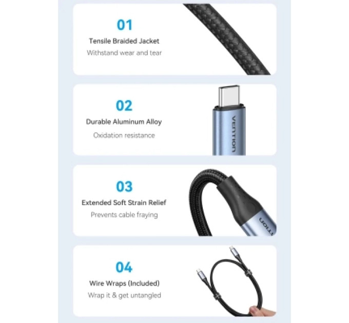 Vention Дата кабель USB-C to USB-C 1.0m USB4.0 240W (50V/5A) 8K60Hz Thunderbolt 4 Gray Aluminum Alloy Vention (TAVHF)