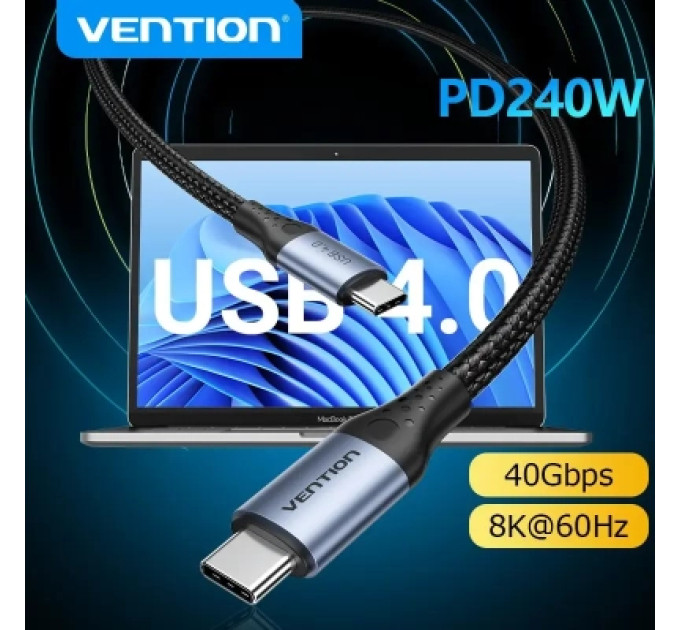 Vention Дата кабель USB-C to USB-C 1.0m USB4.0 240W (50V/5A) 8K60Hz Thunderbolt 4 Gray Aluminum Alloy Vention (TAVHF)