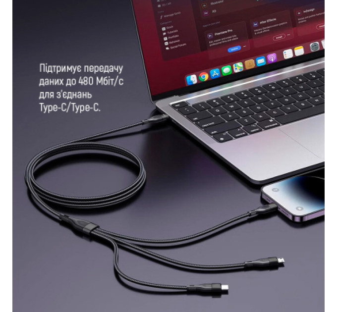 ColorWay Дата кабель USB 2.0 AM to Lightning + Micro 5P + Type-C 1.2m 3.0A (PD60W data) Black ColorWay (CW-CBPDU3060-BK)
