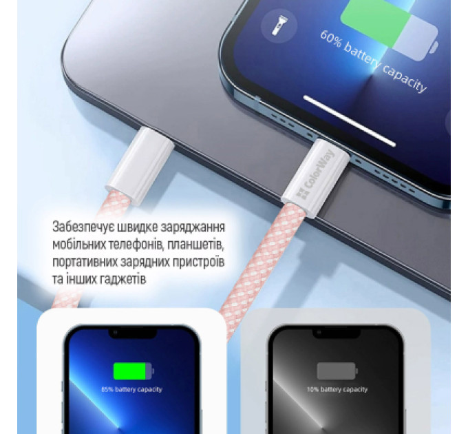 ColorWay Дата кабель USB-C to USB-C 1.0m 60W 3.0А pink ColorWay (CW-CBPDCC061-P)