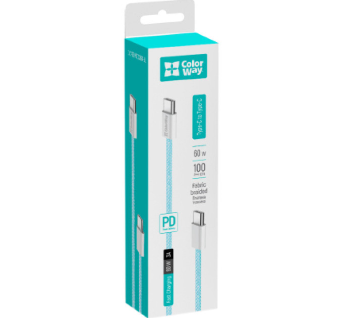 ColorWay Дата кабель USB-C to USB-C 1.0m 60W 3.0А blue ColorWay (CW-CBPDCC061-BL)
