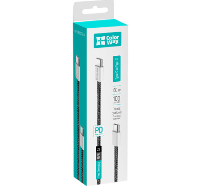 ColorWay Дата кабель USB-C to USB-C 1.0m 60W 3.0А black ColorWay (CW-CBPDCC061-BK)