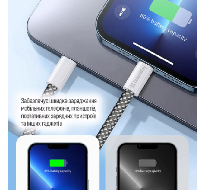 ColorWay Дата кабель USB-C to USB-C 1.0m 60W 3.0А black ColorWay (CW-CBPDCC061-BK)