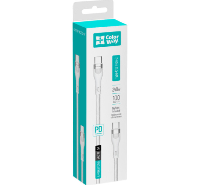 ColorWay Дата кабель USB-C to USB-C 1.0m (PD Fast Charging 240W) 5А white ColorWay (CW-CBPDCC065-WT)