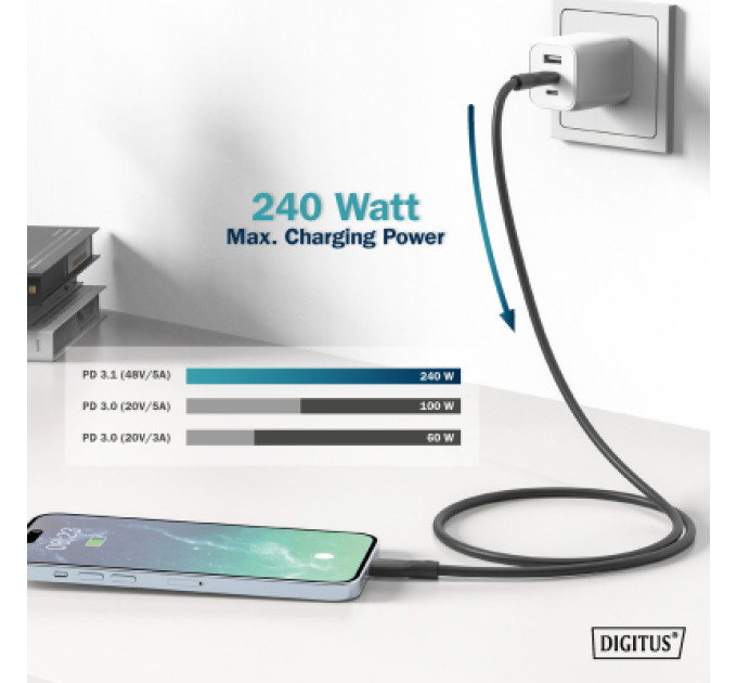 Digitus Дата кабель USB-C to USB-C 1.0m USB 4.0 Gen3 40G 240W 8K silicone black Digitus (AK-300344-010-S)