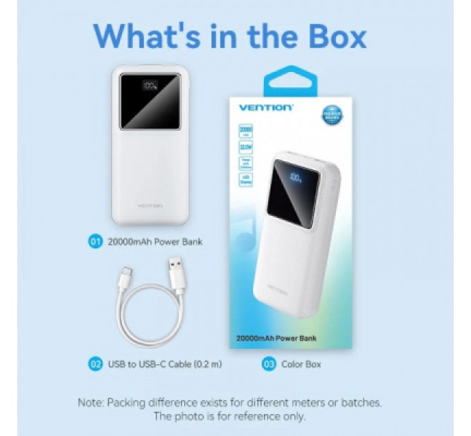 Vention Батарея універсальна Vention 20000mAh 22.5W 3A, PD, QC/3.0, LED Display, White (FHLW0)