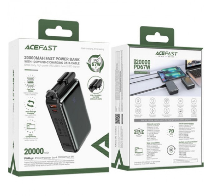 Acefast Батарея універсальна Acefast 20000mAh 67W PD/3.0, 20В/3.35A Type-C, USB-A, with cable, Li-ion M4 Black (6974316282723)