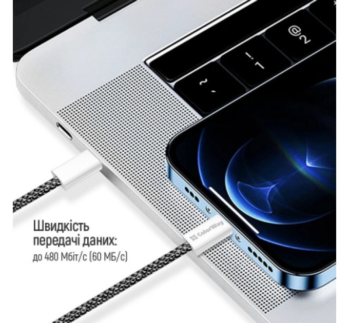 ColorWay Дата кабель USB-C to USB-C 2.0m (braided cotton) (PD Fast Charging 60W) 3.0А black ColorWay (CW-CBPDCC068-BK)