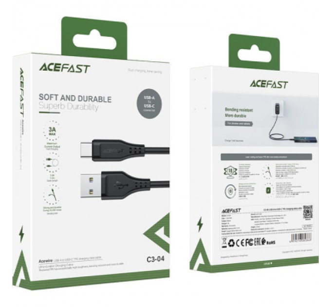 Acefast Дата кабель USB 2.0 AM to Type-C 1.2m 3.0A TPE C3-04 Black Acefast (6974316280866)