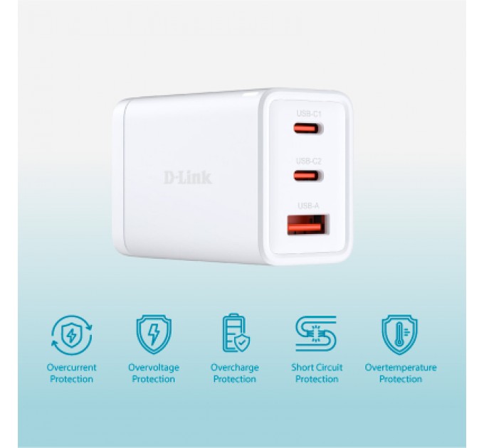 D-Link Зарядний пристрій D-Link 2xUSB-C + 1xUSB-A 65W GaN white (DCP-651)
