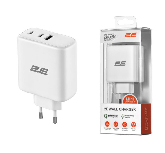 2E Зарядний пристрій 2E USB-C Wall Charger GaN 65W, white (2E-WC3USB65W-W)