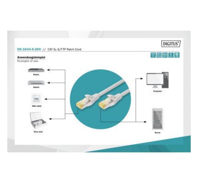 Digitus Патч-корд 20м, CAT 6a S-FTP, AWG 26/7, Cu, LSZH, gray Digitus (DK-1644-A-200)