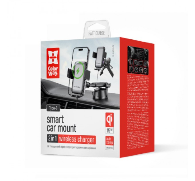 ColorWay Універсальний автотримач ColorWay AutoSense Car Wireless Charger 2 (Dashboard+Air Vent) 15W (CW-CHAW040Q-BK)