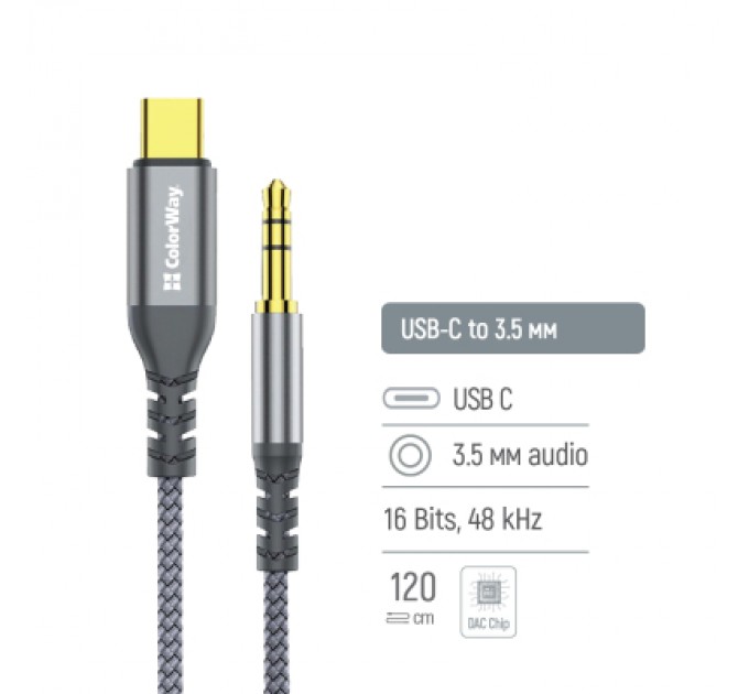 ColorWay Кабель мультимедійний USB-C to 3.5mm M 1.2m gray ColorWay (CW-CBPDJ071-G)